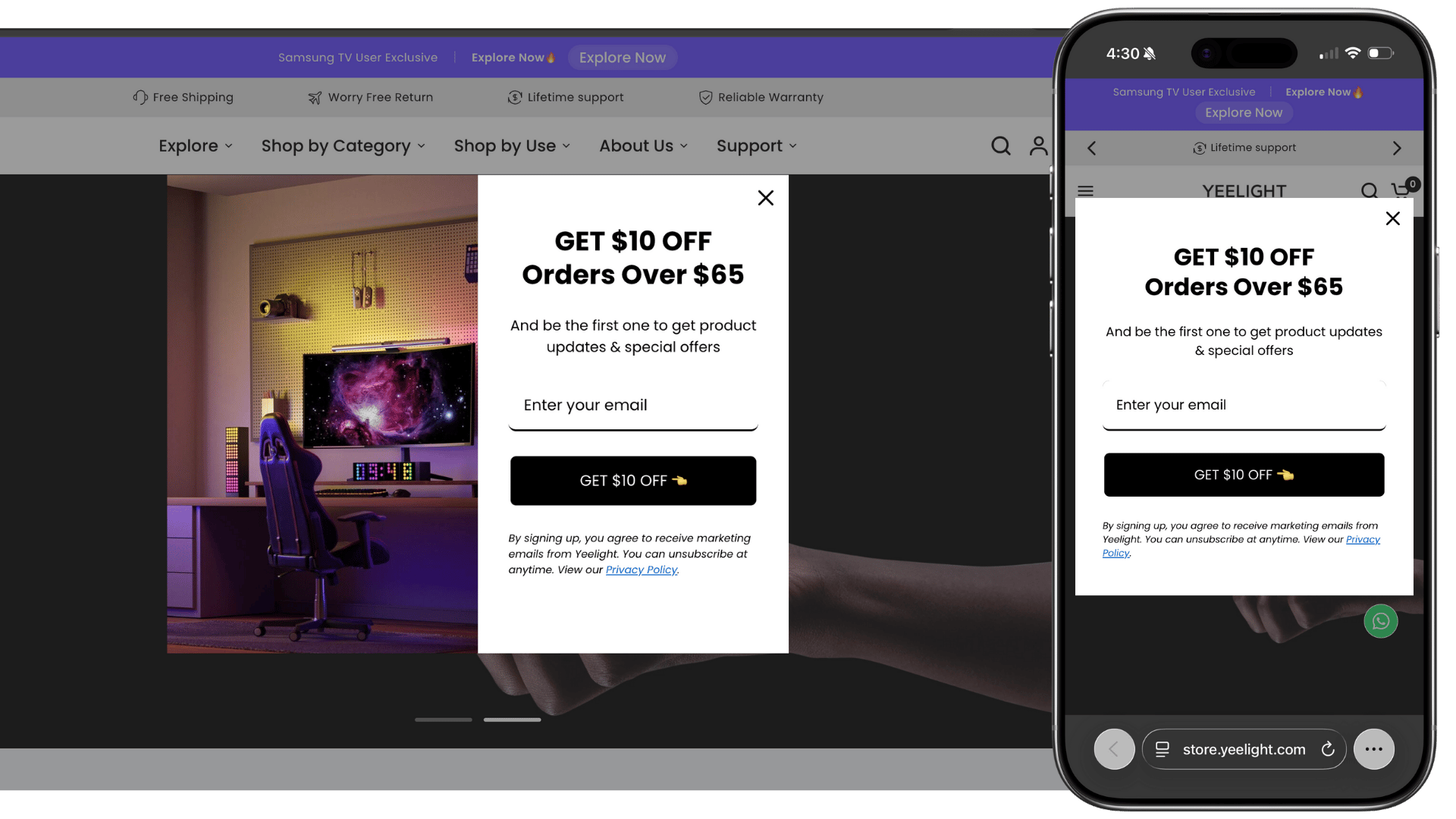 Desktop and mobile views of Yeelight popup showing GET $10 OFF Orders Over $65 with email capture form