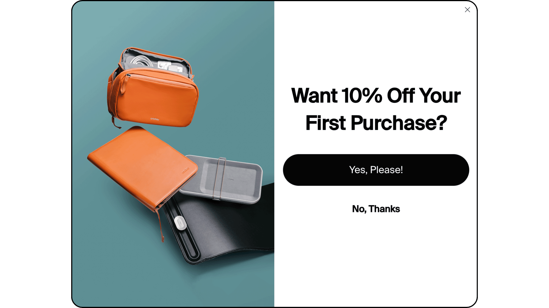 split rounded rectangle with a leather pouch, notebook, and tray and an opt-in form