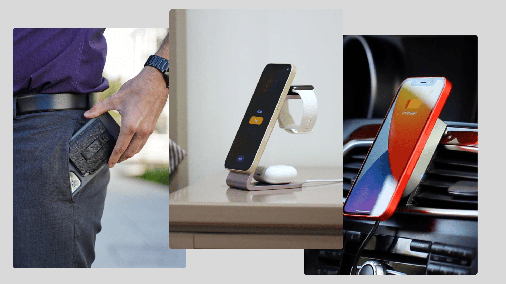Three MagBak product shots: phone wallet in pocket, desk charging stand, and car mount with charging phone.