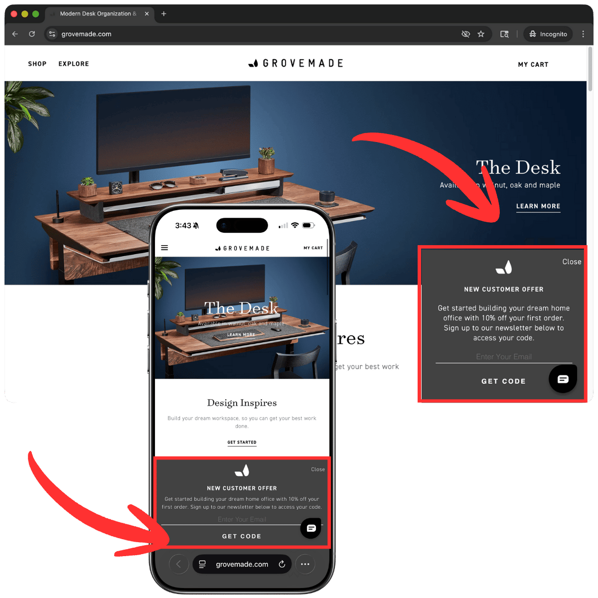 Grovemade's current desktop and mobile popups highlighted with arrows, both showing 10% off discount offer and GET CODE button