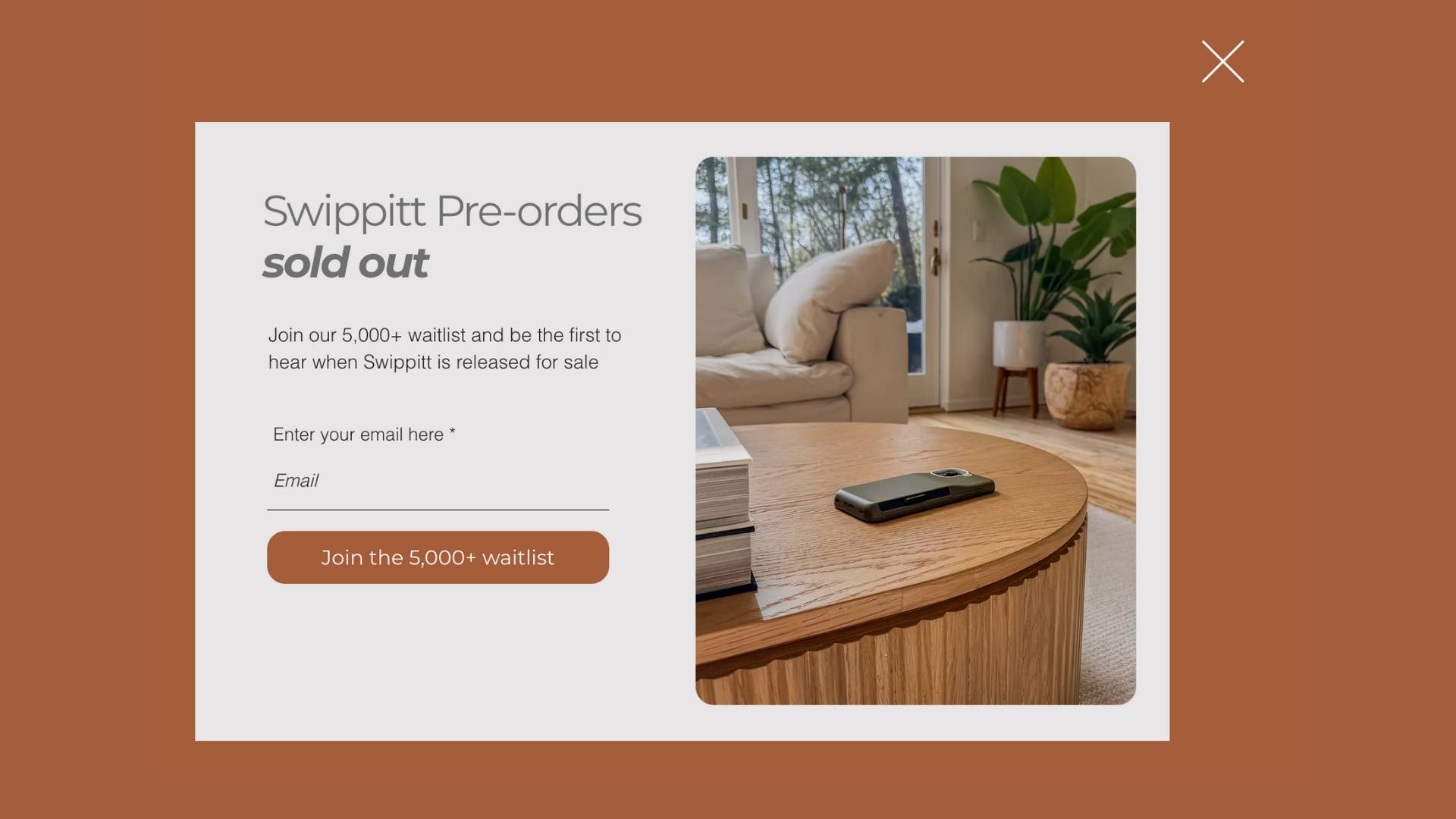 Clean desktop popup layout for Swippitt waitlist with sold out messaging, email field, and lifestyle product photo