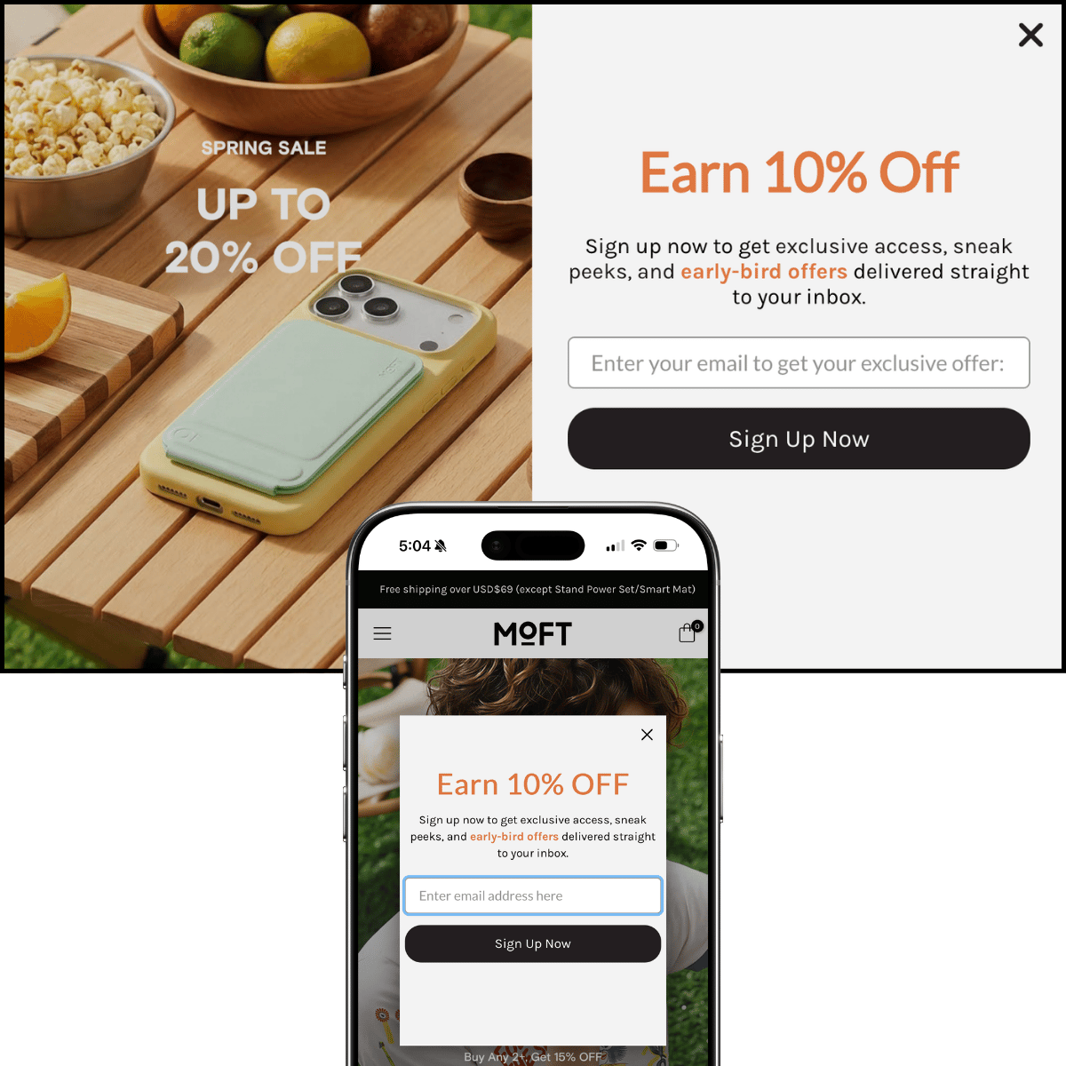 MOFT original desktop and mobile popups side by side, both showing "Earn 10% Off" headline and "Sign Up Now" CTA