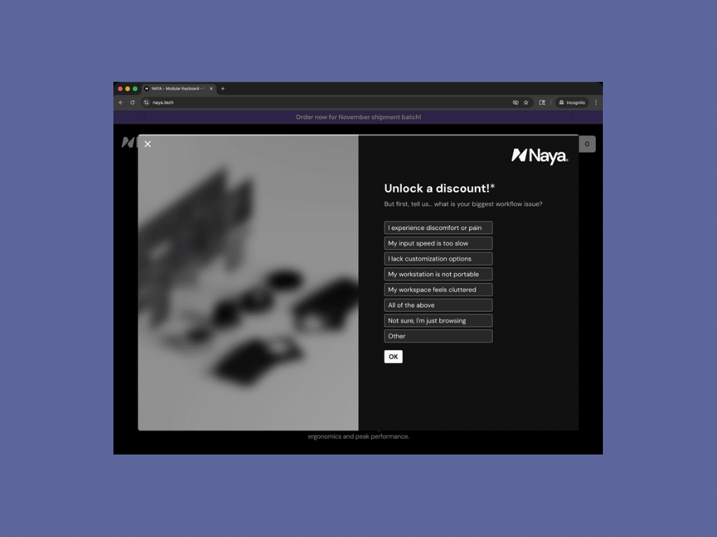 Naya website popup with “unlock a discount” CTA headline