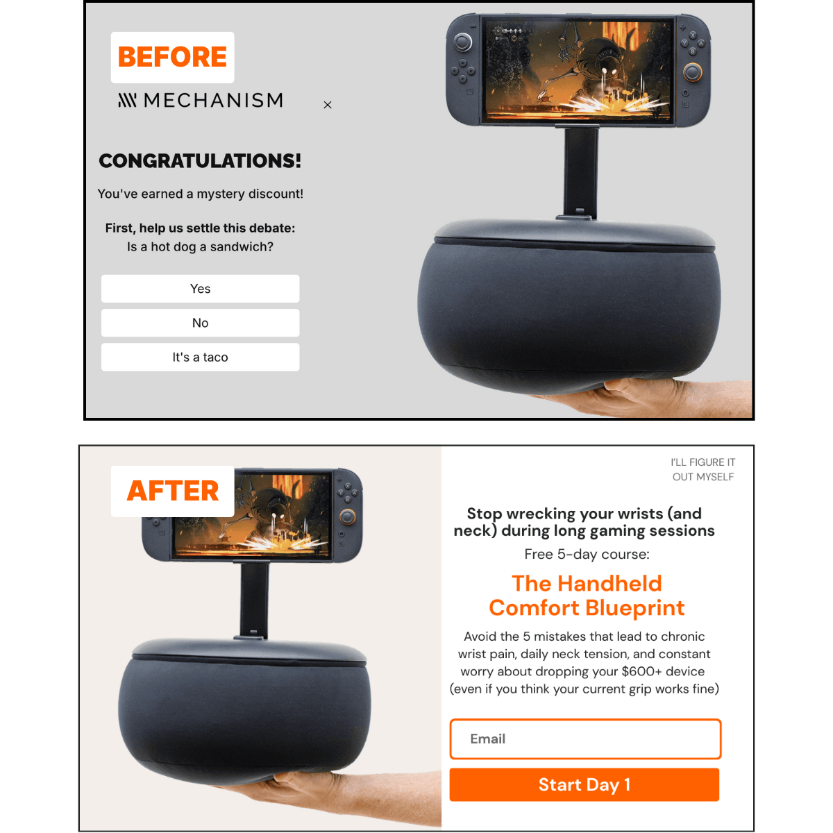 Before popup with hot dog question versus After popup with wrist pain headline and educational course offer