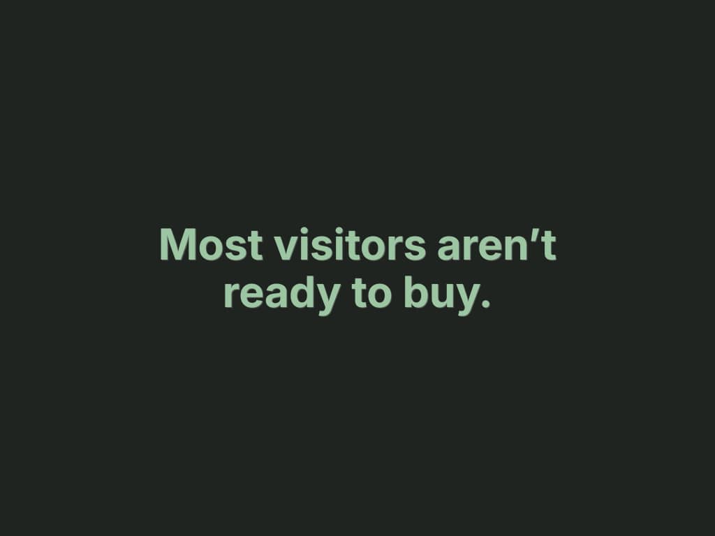 Dark green background with the text "Most visitors aren't ready to buy." in light green bold type — DTC Popup Fixes newsletter education issue on buyer awareness stages