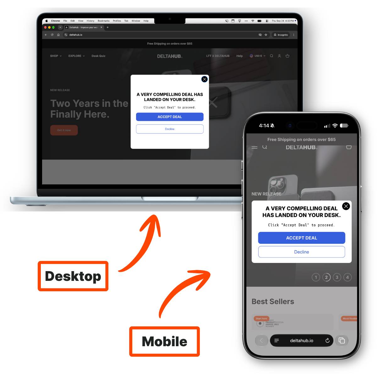 DeltaHub's original popup on a MacBook and an iPhone, labeled Desktop and Mobile, on a bright orange background. Both read "A very compelling deal has landed on your desk. Click Accept Deal to proceed," with a blue Accept Deal button and a Decline button over the dimmed homepage.