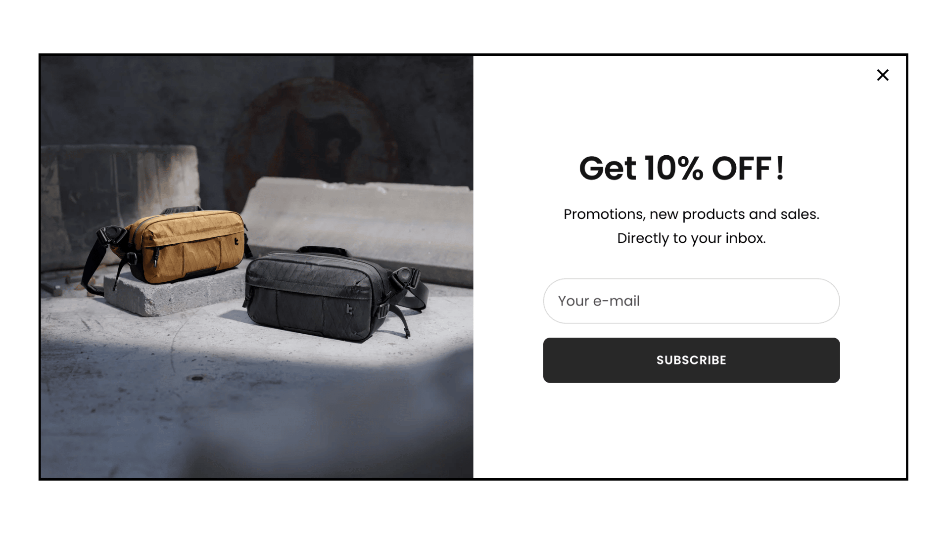 Clean popup layout with "Get 10% OFF!" headline, email input field, and black subscribe button