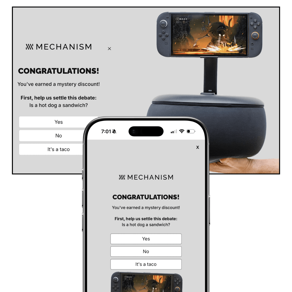 Desktop and mobile versions of Mechanism popup with hot dog sandwich debate question and three answer buttons