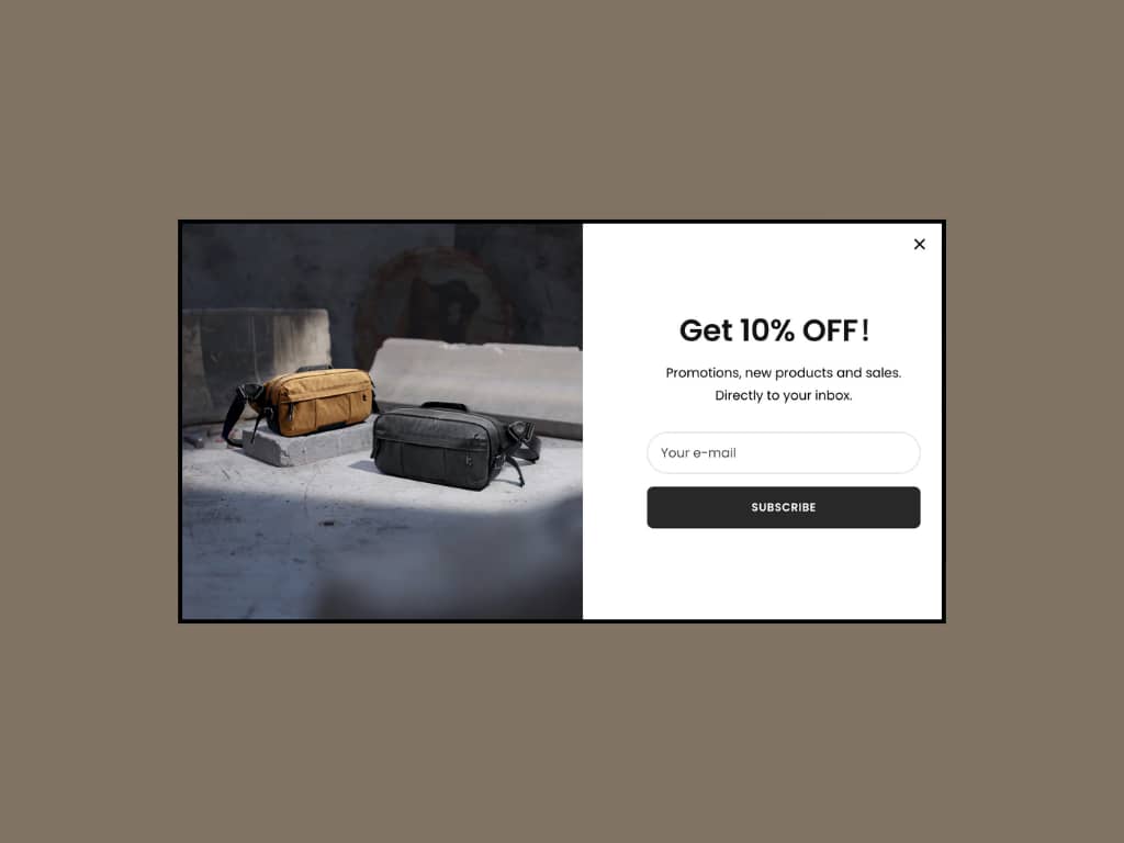 Clean popup layout with "Get 10% OFF!" headline, email input field, and black subscribe button