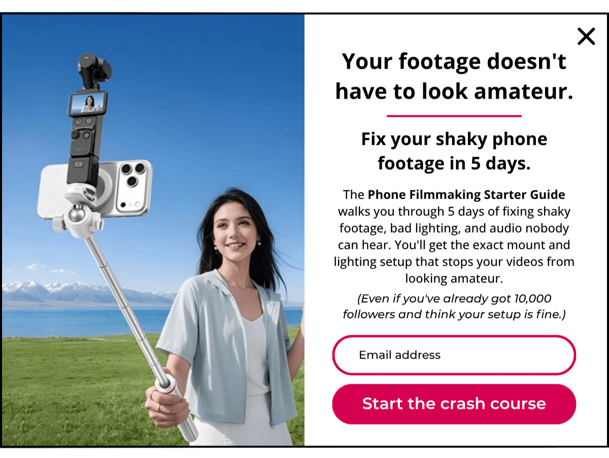 Redesigned Ulanzi popup offering a free Phone Filmmaking Starter Guide, with a photo of a phone mounted on a gimbal stick and an email signup form.