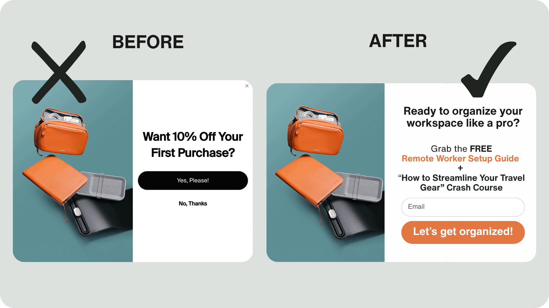 side-by-side comparison of before and after popup fixes