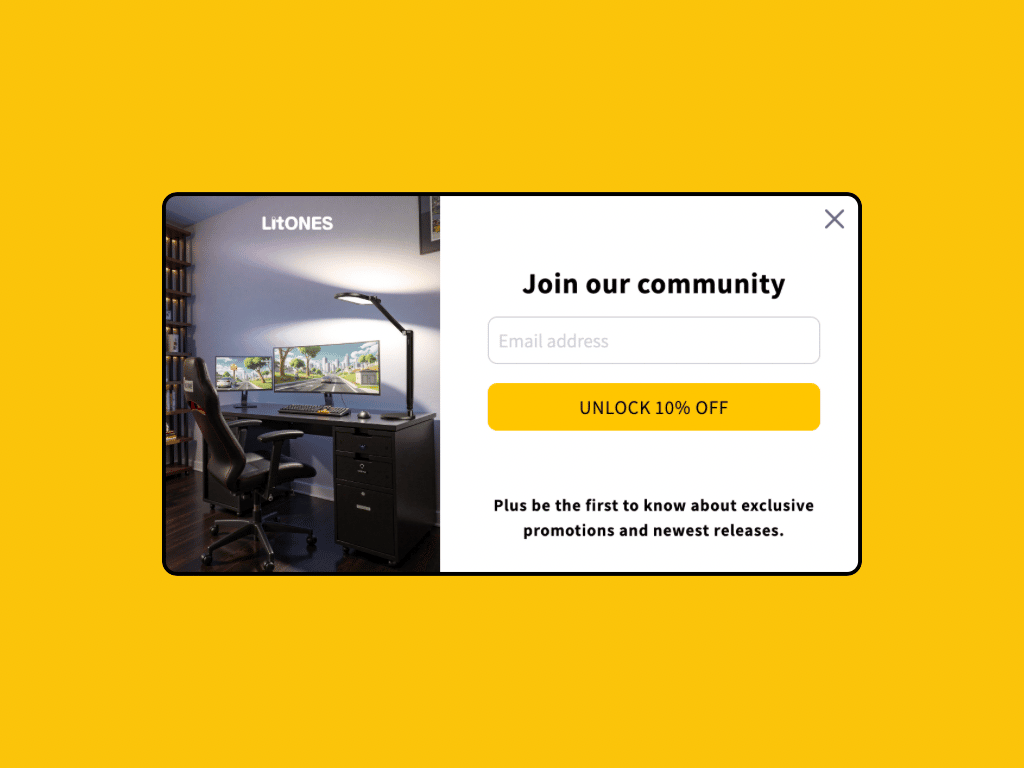 Original LitONES desktop popup with "Join our community" headline, email field, and "UNLOCK 10% OFF" button in yellow