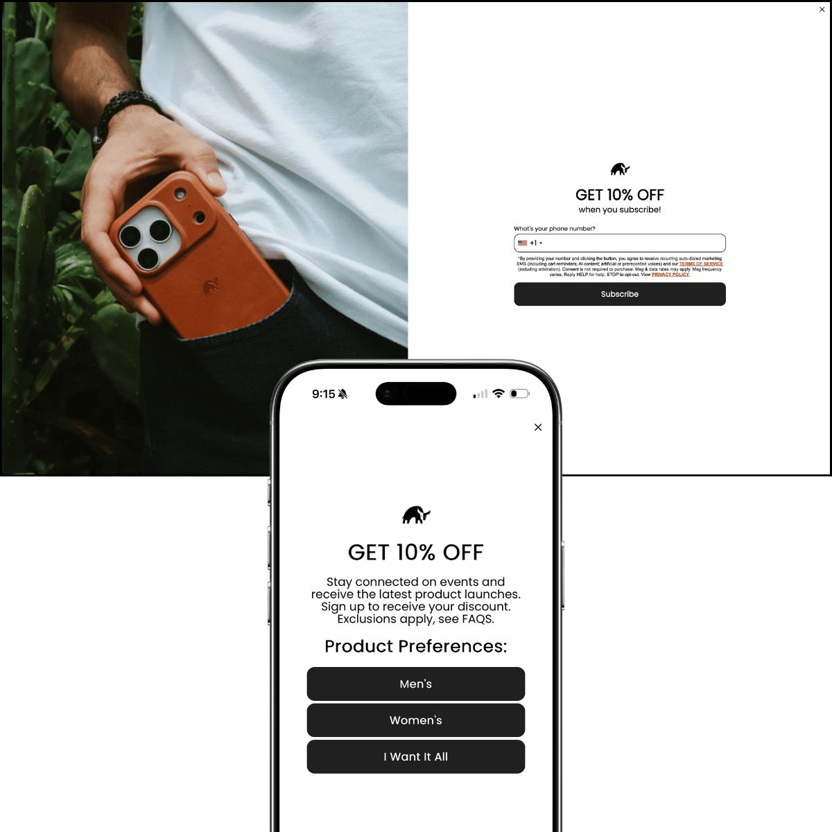 Desktop popup requesting phone number with SMS consent text. Mobile popup with product preference buttons before signup.