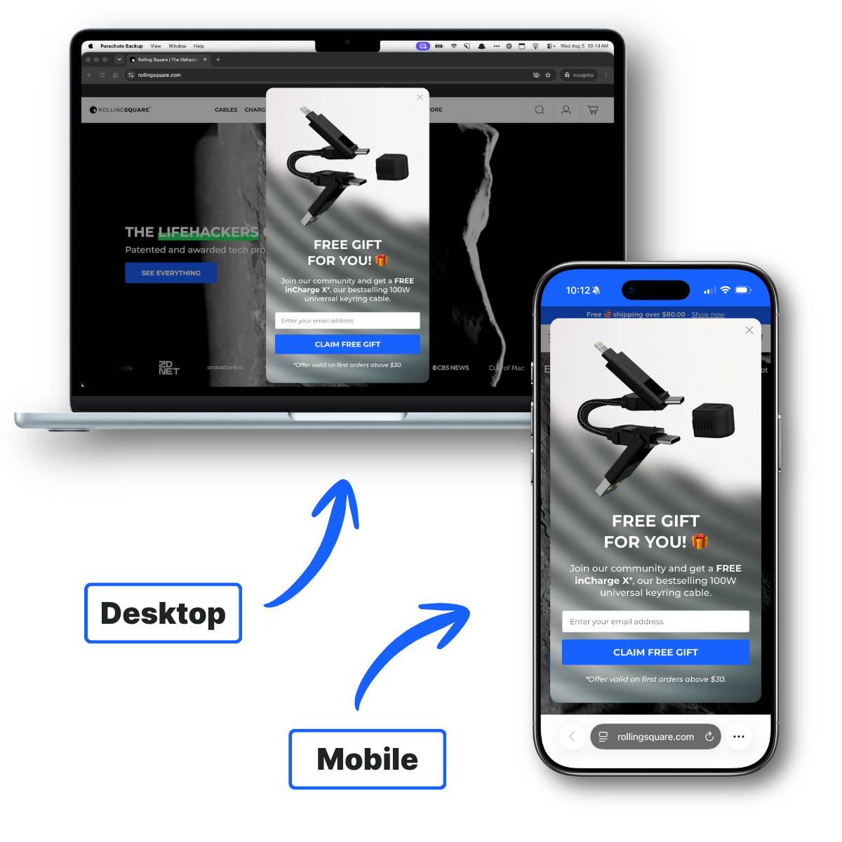 Rolling Square's original popup shown on a laptop and phone screen, labeled Desktop and Mobile with blue arrows, on a white background