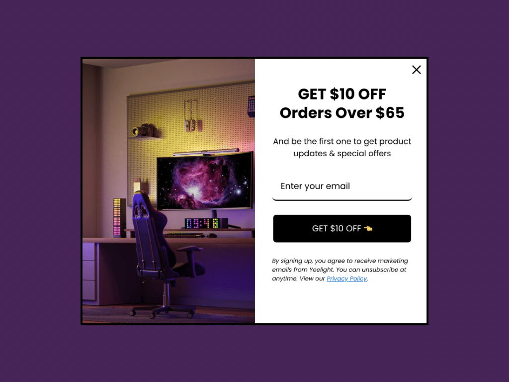 Yeelight website popup with “get $10 off order over $65”