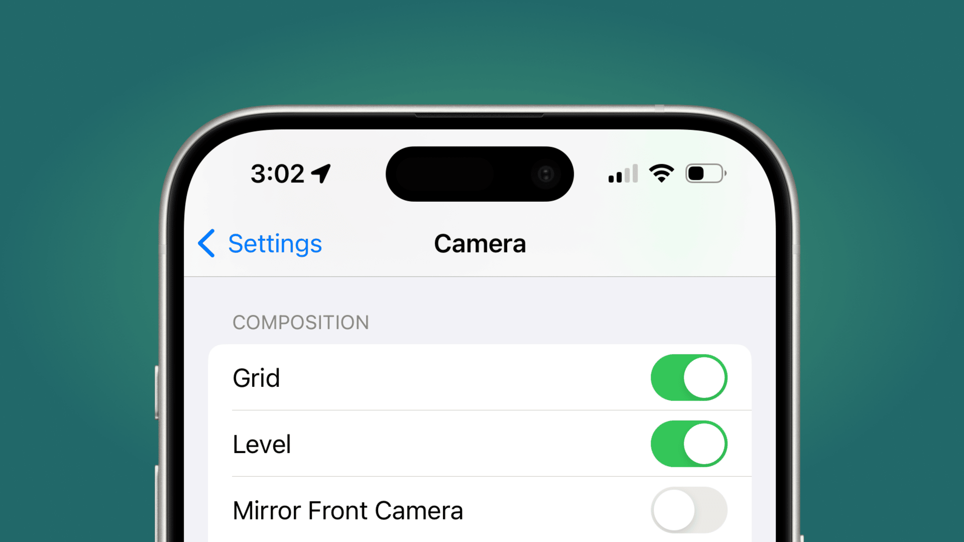 iphone screen showing camera app settings for grid and level