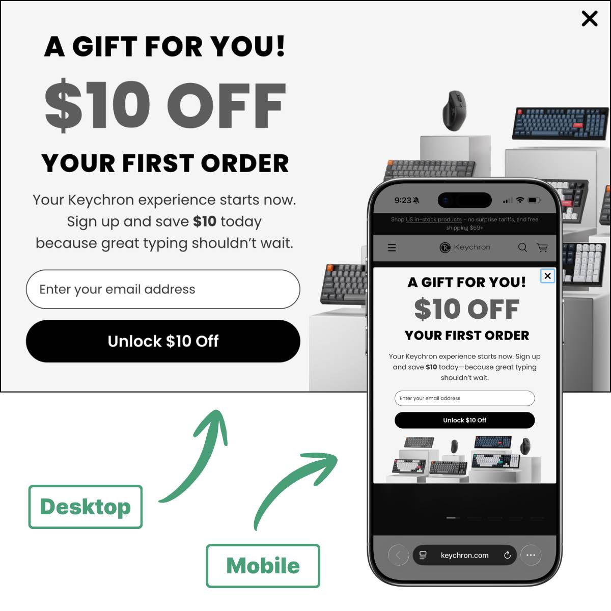 Side-by-side comparison of Keychron's desktop and mobile popup, both showing $10 off first order offer