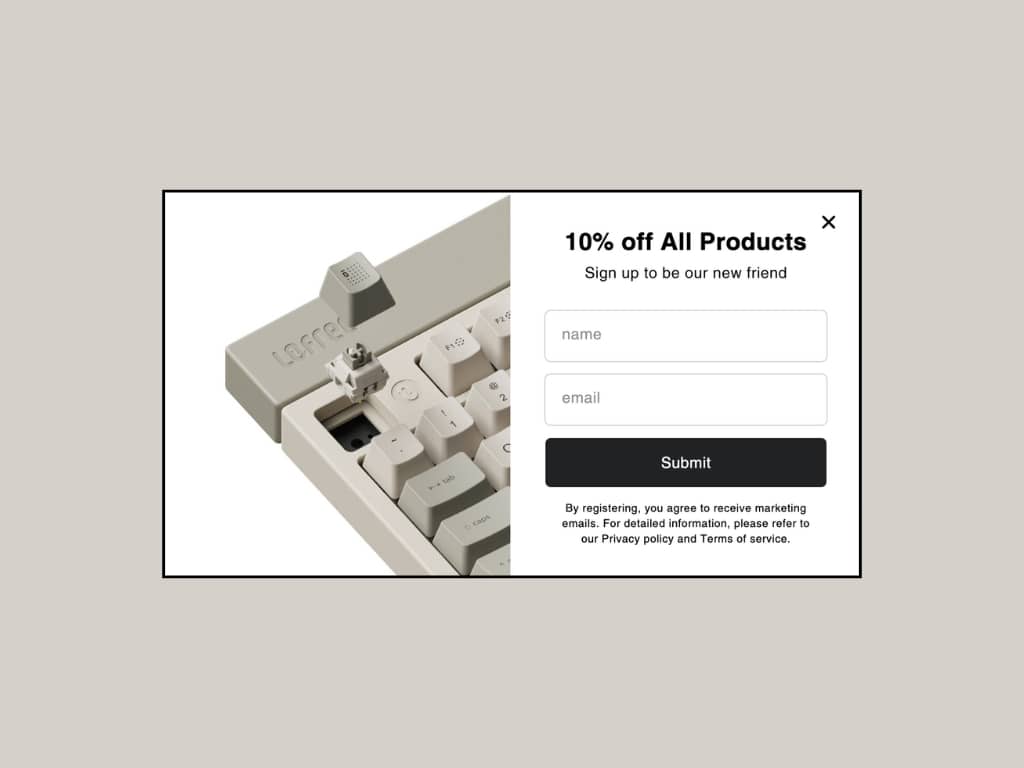 Lofree website popup with "10% off all products" in the headline and "Submit" as the CTA button