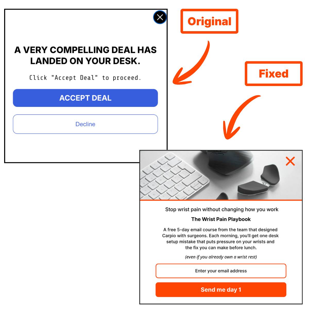 Redesigned DeltaHub popup with a photo of two dark gray Carpio wrist rests beside a white keyboard and mouse. The headline reads "Stop wrist pain without changing how you work," followed by "The Wrist Pain Playbook," a free 5-day email course offer, an email field, and an orange "Send me day 1" button.