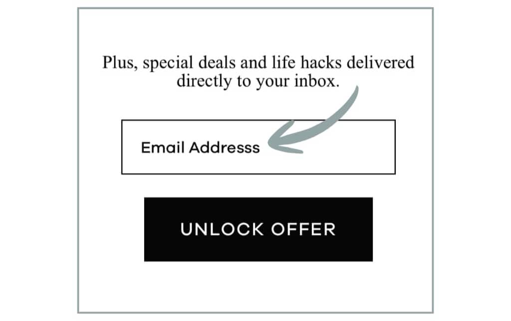 Close-up of Distil's mobile popup email field, with an arrow pointing to the typo "Email Addresss."