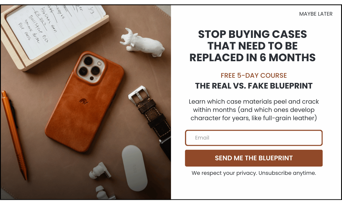 Redesigned popup: Stop buying cases that need to be replaced in 6 months. Free 5-day course, email signup, privacy notice.