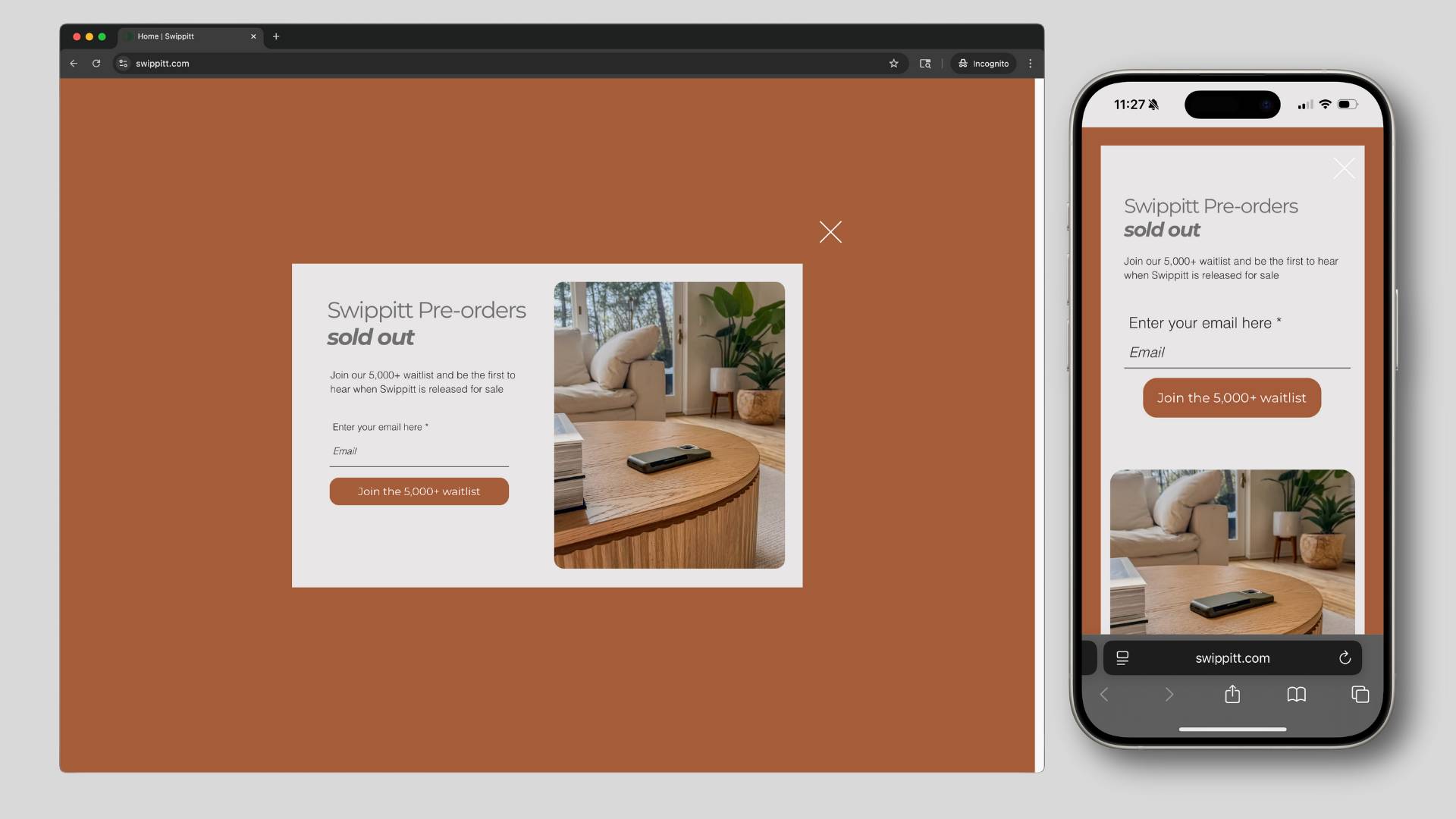 Desktop and mobile popup comparison showing Swippitt waitlist signup with identical messaging across devices
