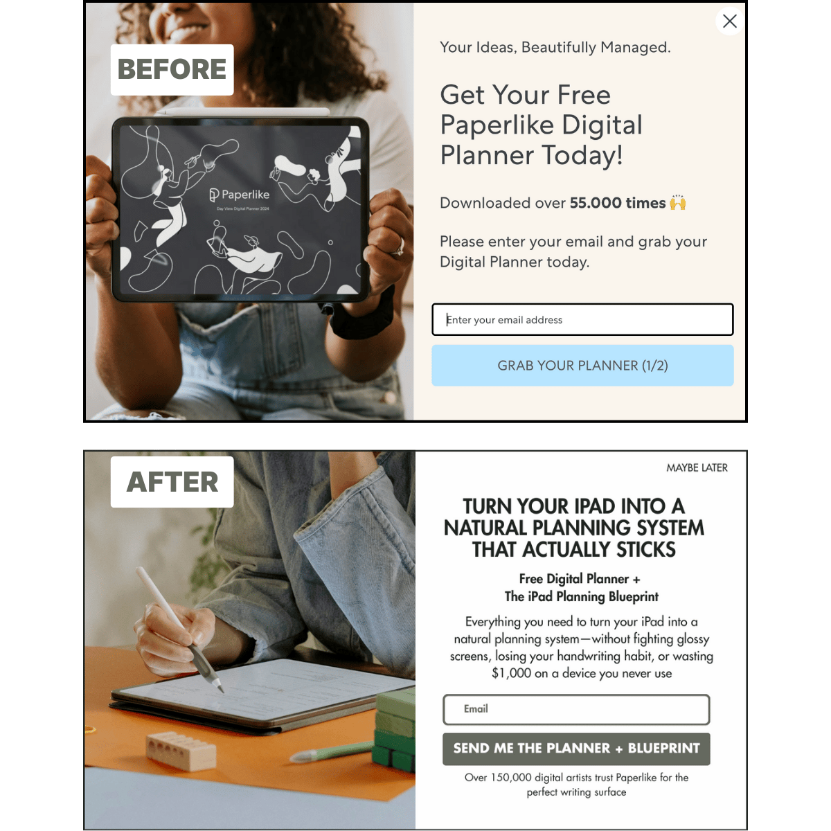 Before popup: generic planner offer with two-step process. After popup: outcome-focused iPad Planning Blueprint with educational course.