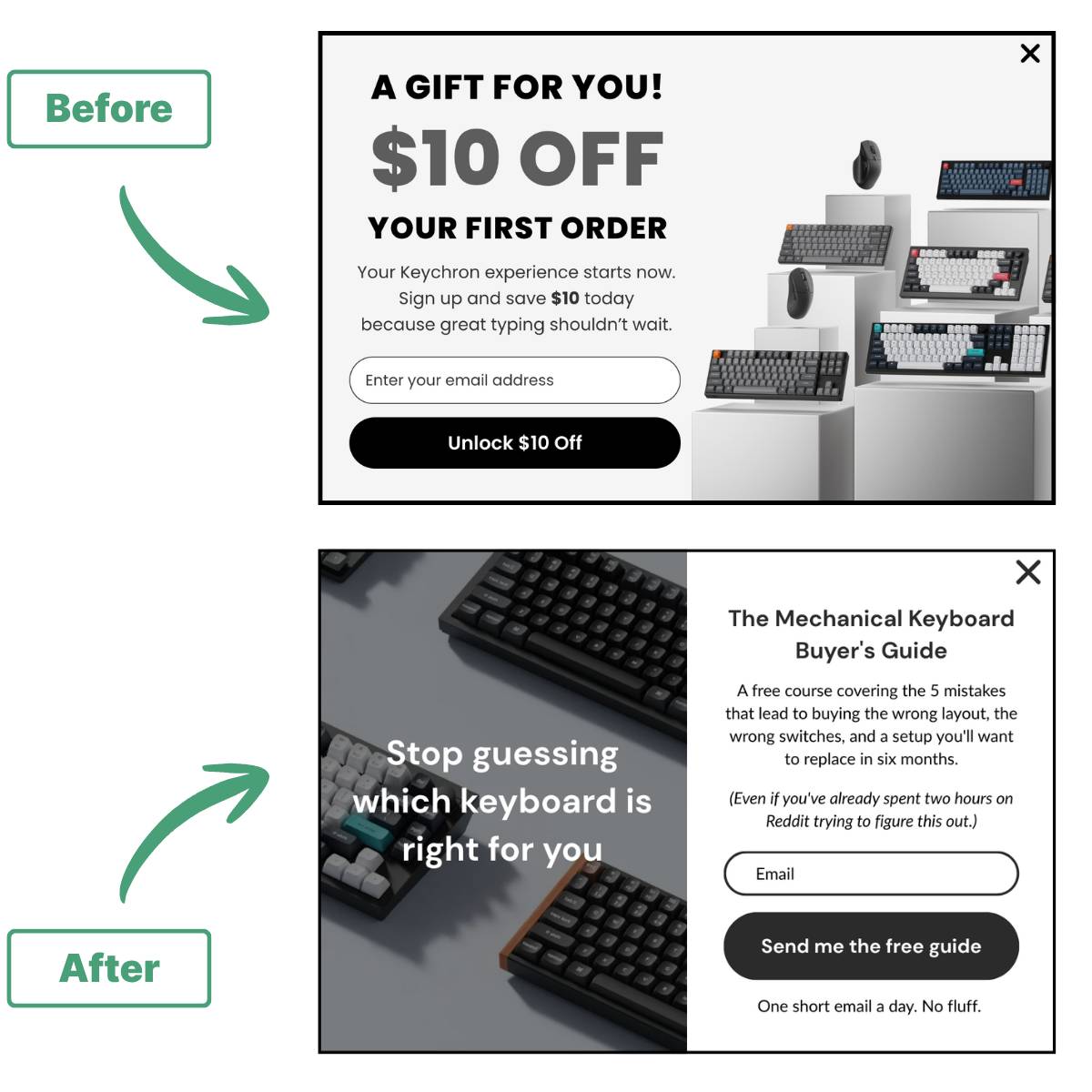 Before and after popup comparison — Keychron's $10 off original versus a fixed version offering The Mechanical Keyboard Buyer's Guide