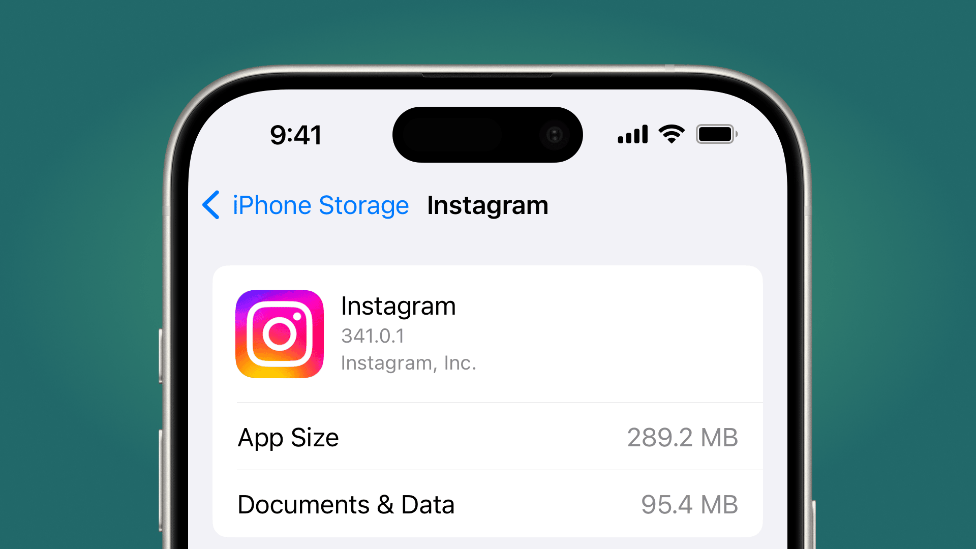 green gradient background with a screenshot of an iPhone's Instagram app data in the center