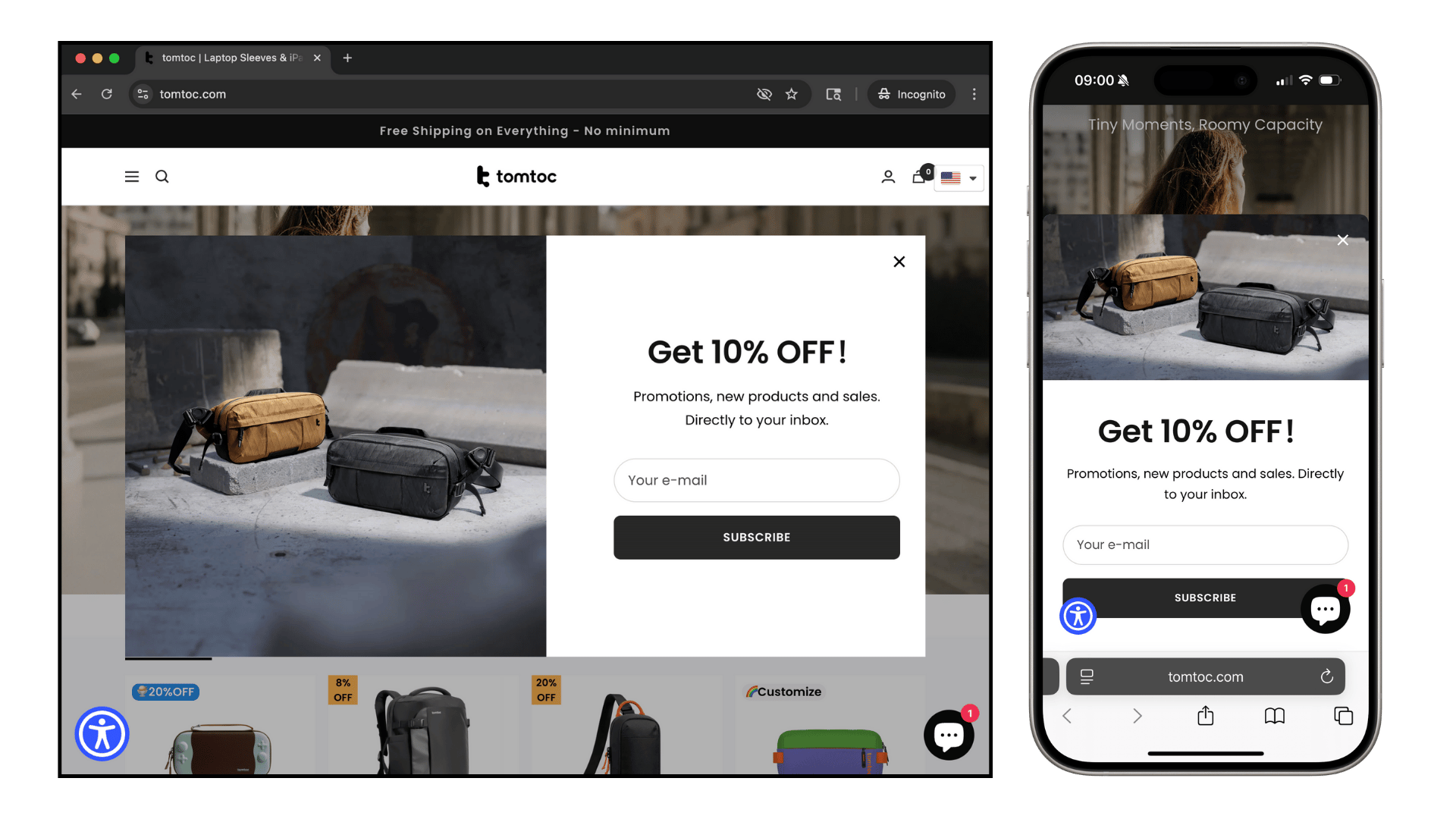 Tomtoc popup on desktop and mobile showing "Get 10% OFF!" with email signup form and subscribe button