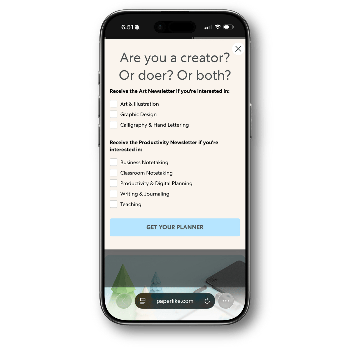 Second-step mobile popup asking Are you a creator? Or doer? Or both? with 8 newsletter preference checkboxes before planner delivery.