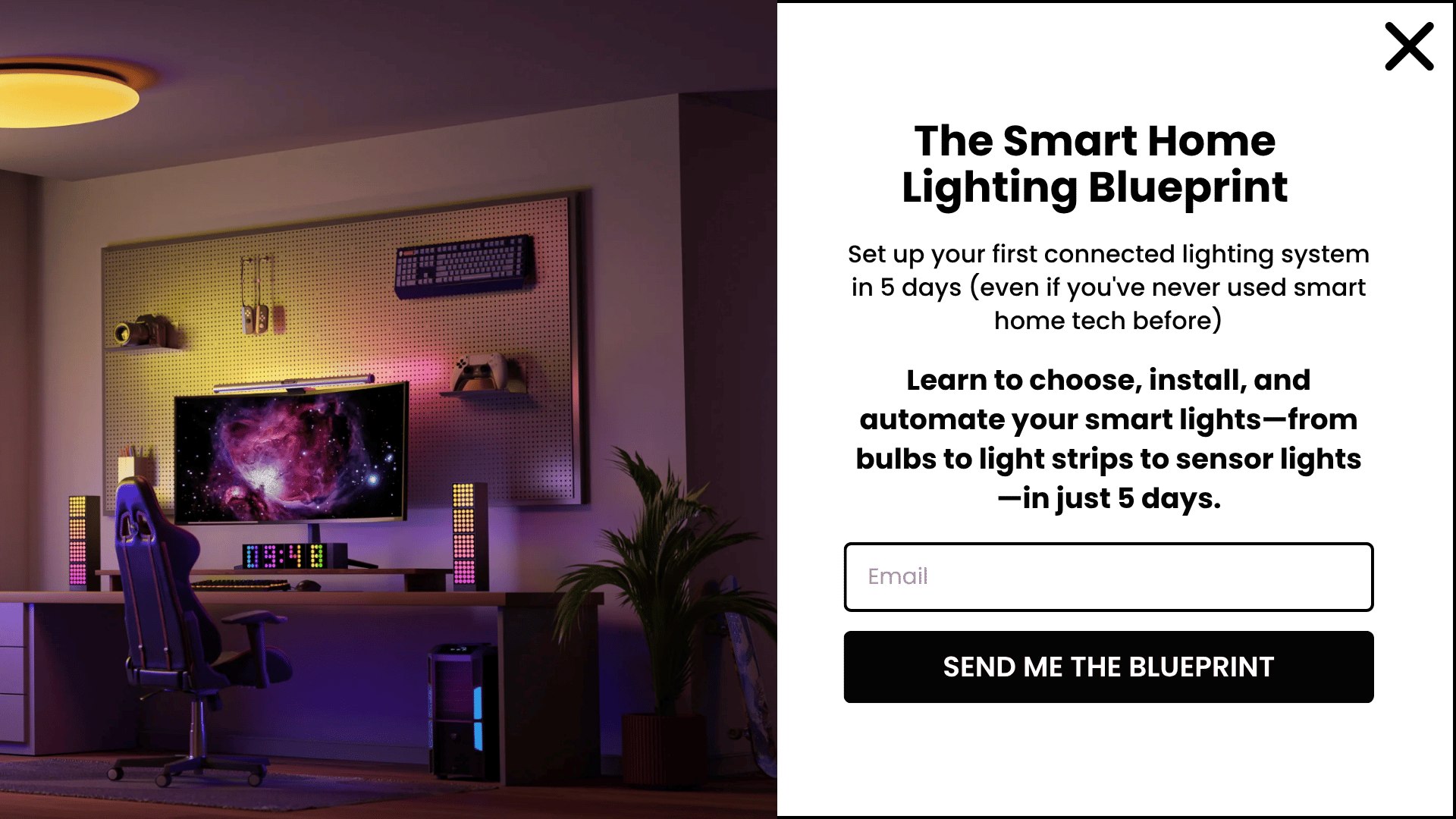 Redesigned popup with The Smart Home Lighting Blueprint headline and SEND ME THE BLUEPRINT call-to-action
