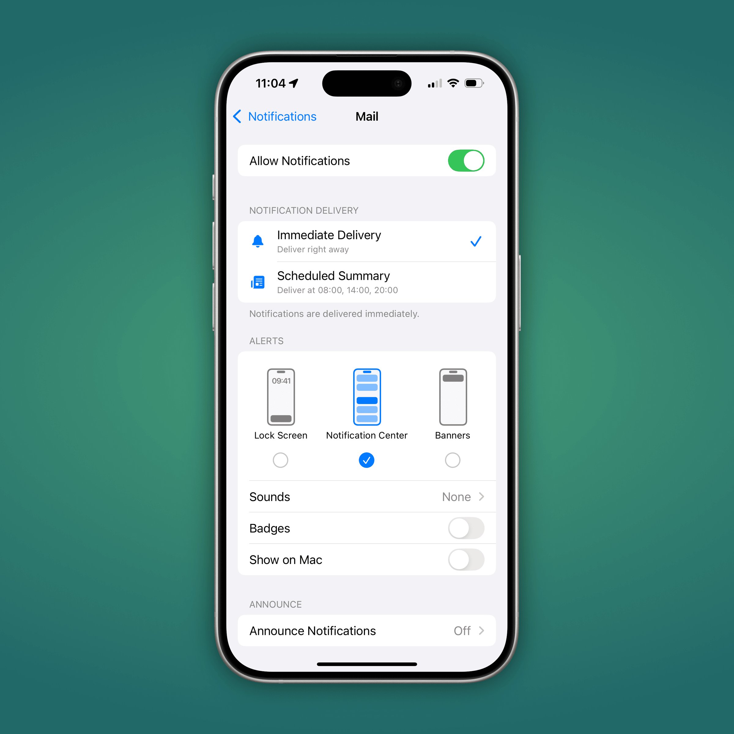 green gradient background with an iPhone notification settings in the center