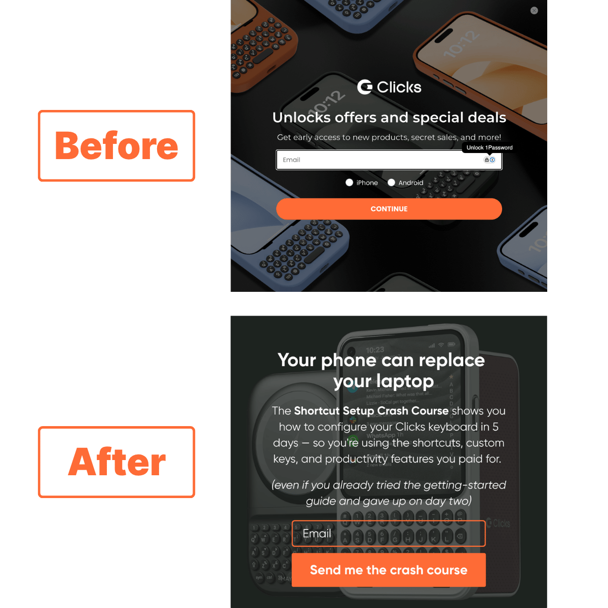 Before and after comparison: Clicks' original "Unlocks offers and special deals" popup vs. redesigned "Your phone can replace your laptop" popup with Shortcut Setup Crash Course offer