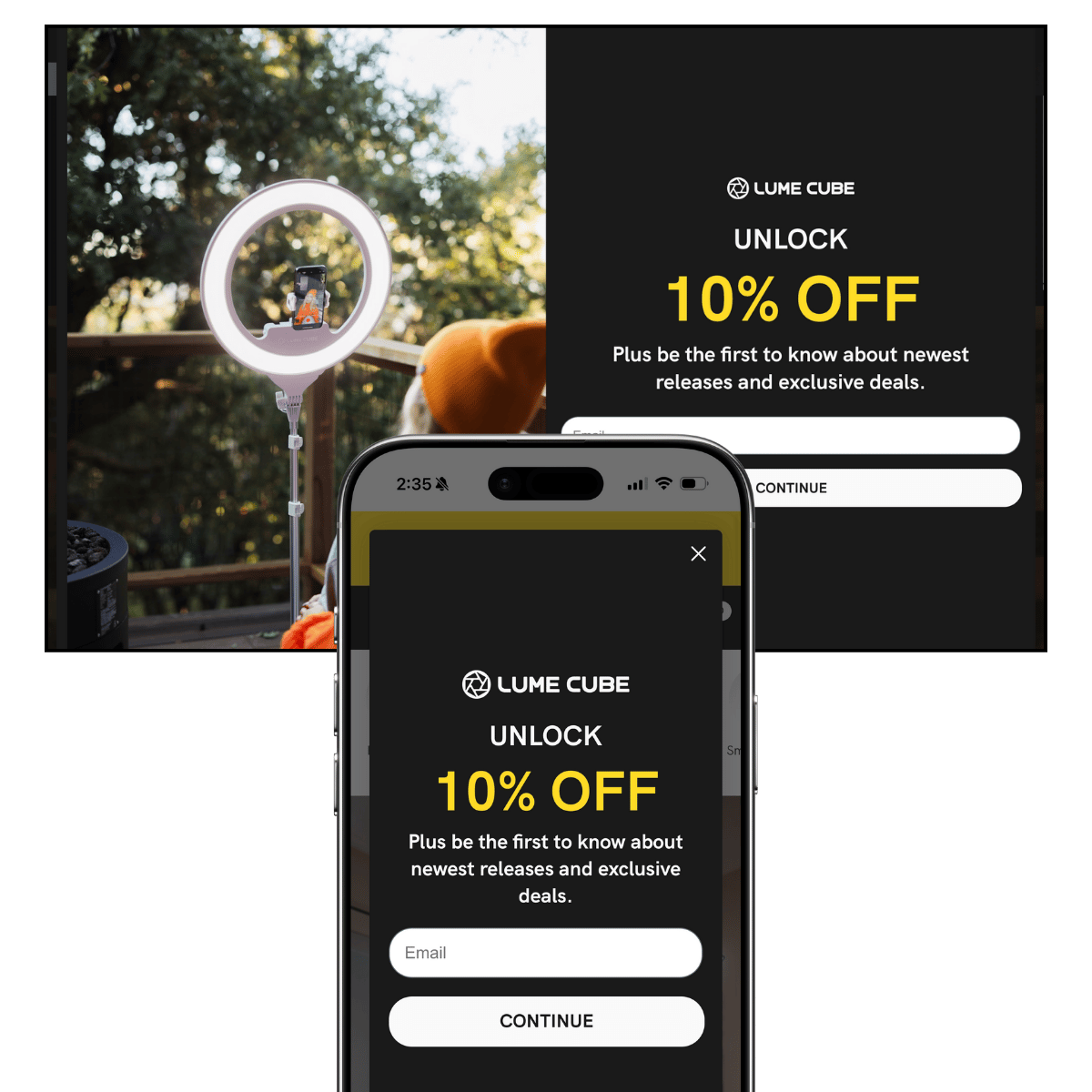 Lume Cube's 10% off popup on desktop and mobile showing UNLOCK headline, email field, and CONTINUE button