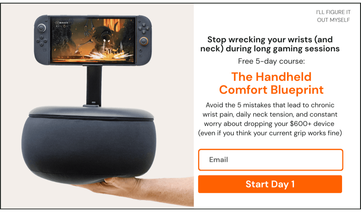 Redesigned popup with headline Stop wrecking your wrists and neck, offering free Handheld Comfort Blueprint course