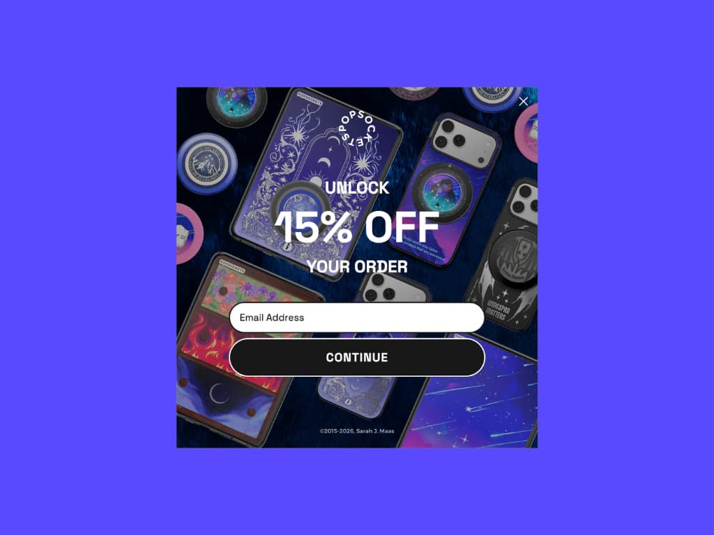 PopSockets original email popup centered on a bright blue background. The popup shows a dark product photo background with colorful phone cases and grips. White text reads "Unlock 15% off your order" with an email address field and black "Continue" CTA bu