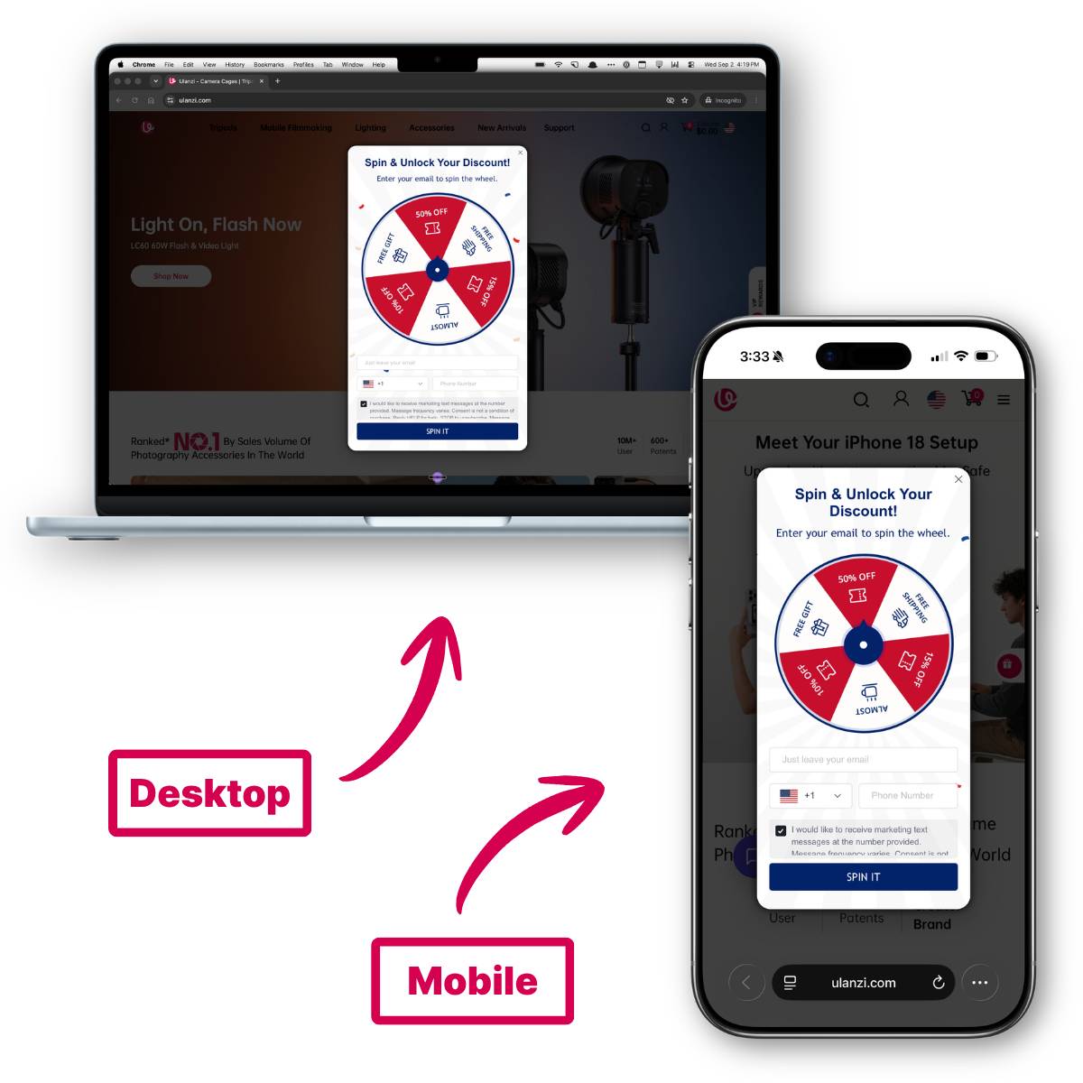 Desktop and mobile mockups of Ulanzi's original spin-the-wheel popup, labeled to show it appears identically on both devices.