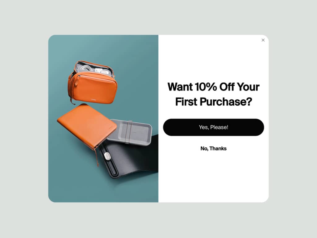 split image with leather notebook and zipper bag with white background and black text on the right half
