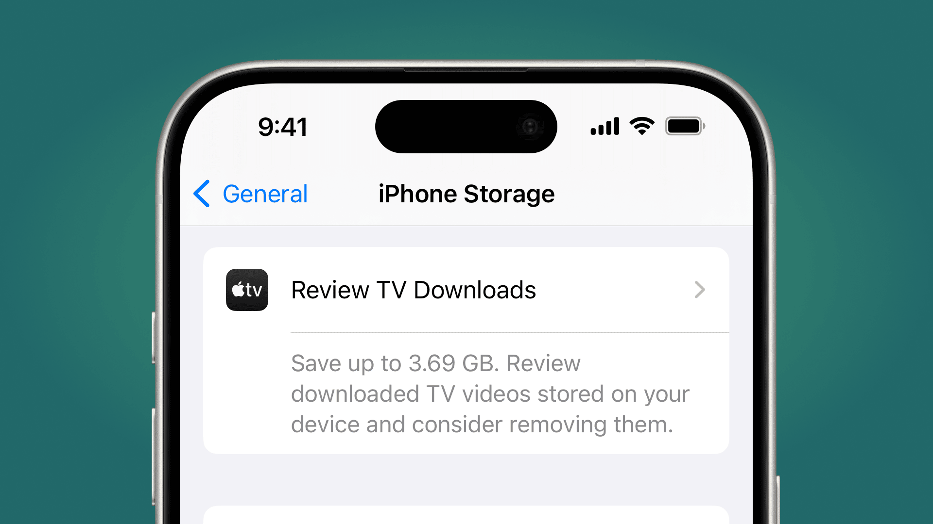 green gradient background with a screenshot of an iPhone's TV Downloads in the center