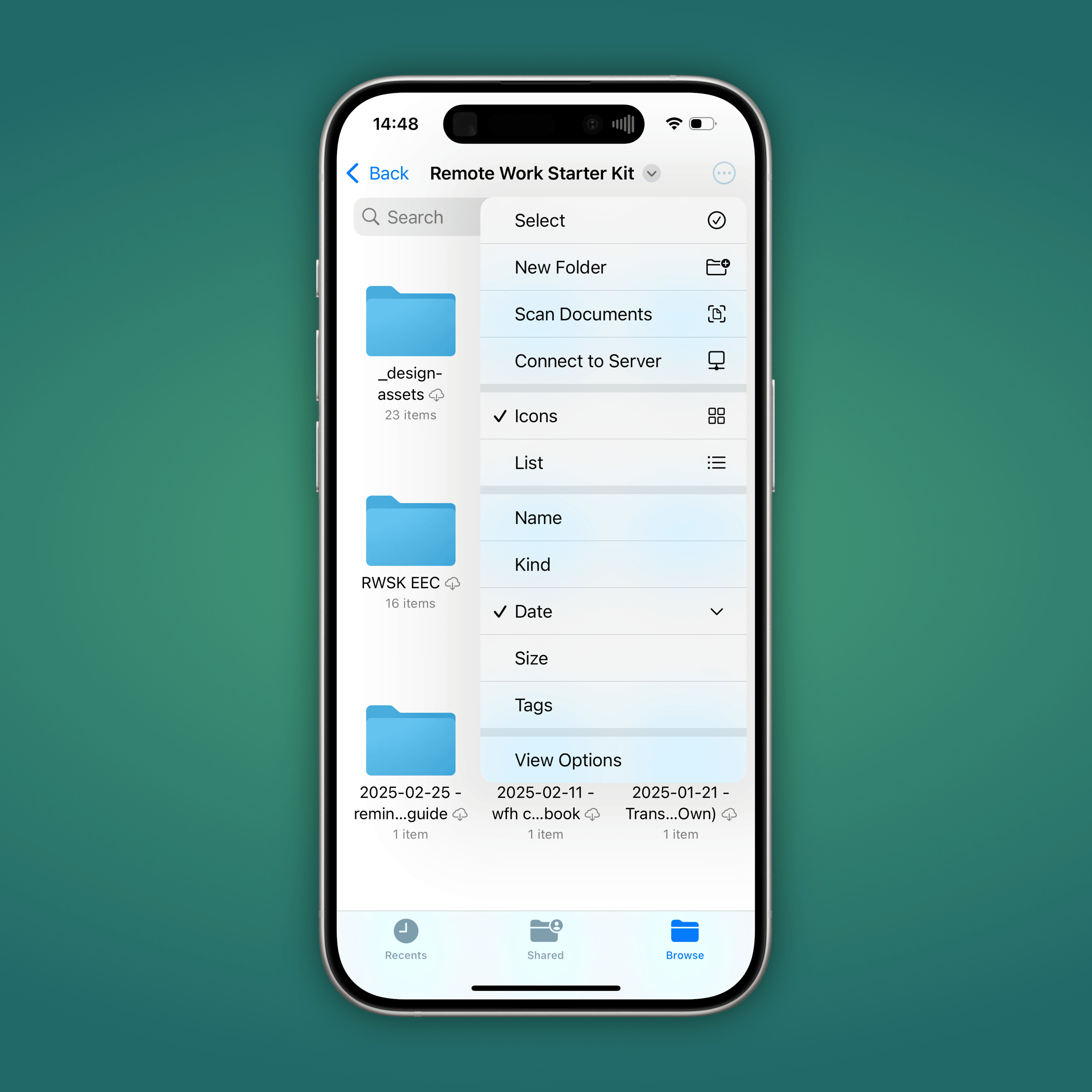 green gradient background with an iPhone Files app in the center