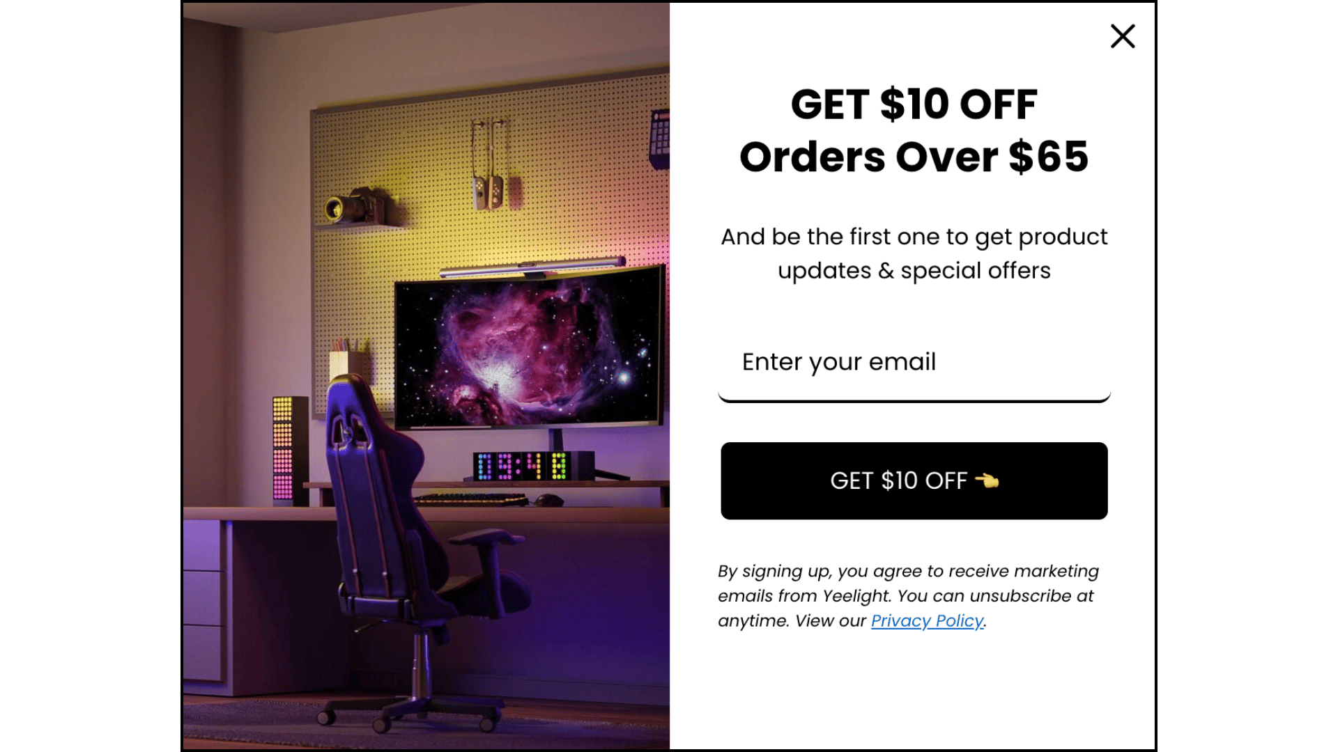 Original Yeelight popup with GET $10 OFF Orders Over $65 headline and GET $10 OFF pointing hand CTA