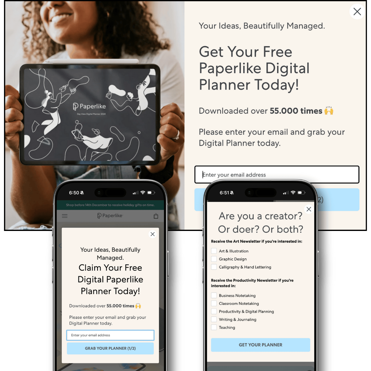 Desktop and mobile popups showing two-step process: initial planner offer, then second screen with 8 newsletter preference checkboxes.