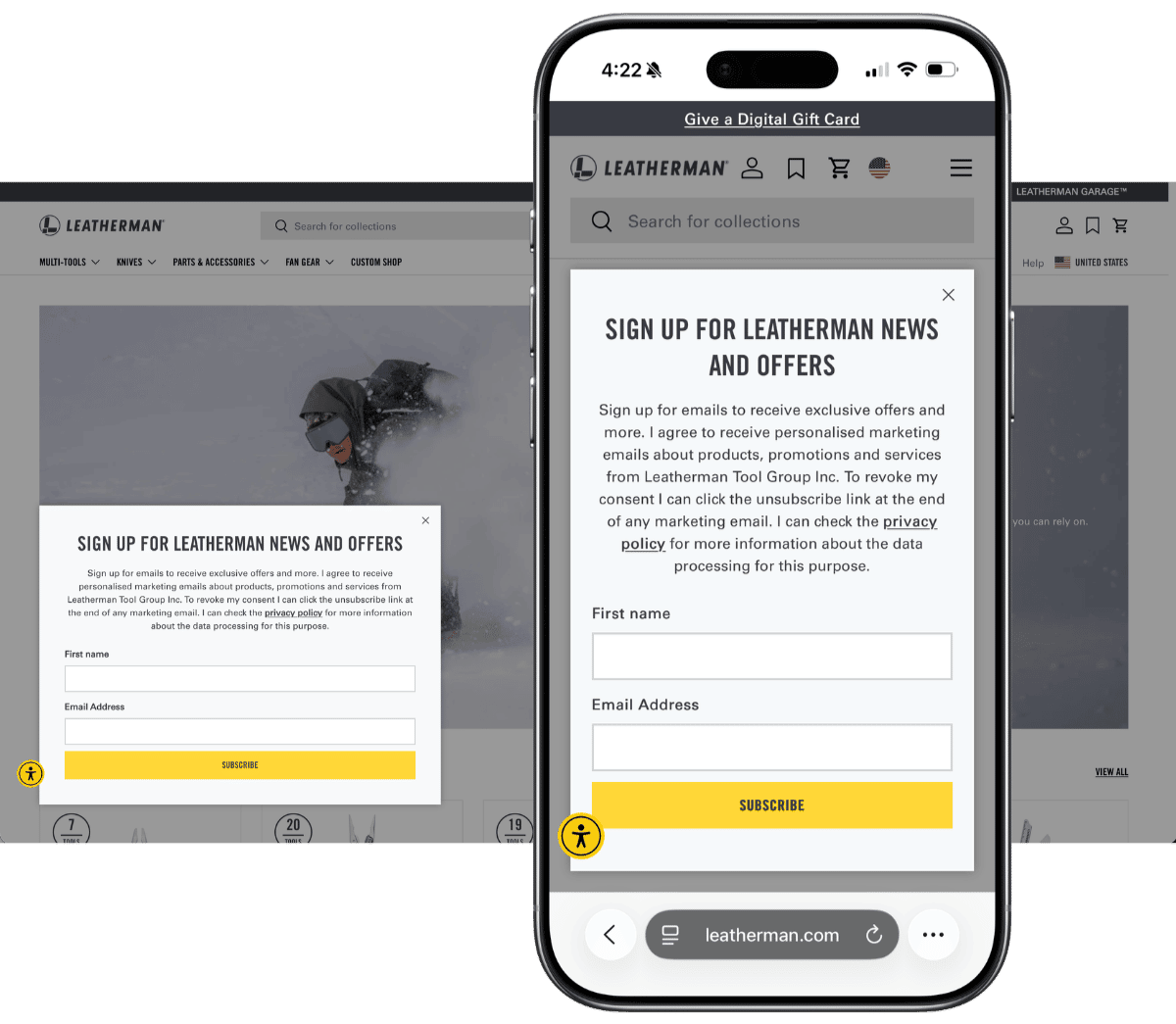 Desktop and mobile versions of original Leatherman popup showing Sign Up for News and Offers headline, first name and email fields, Subscribe button
