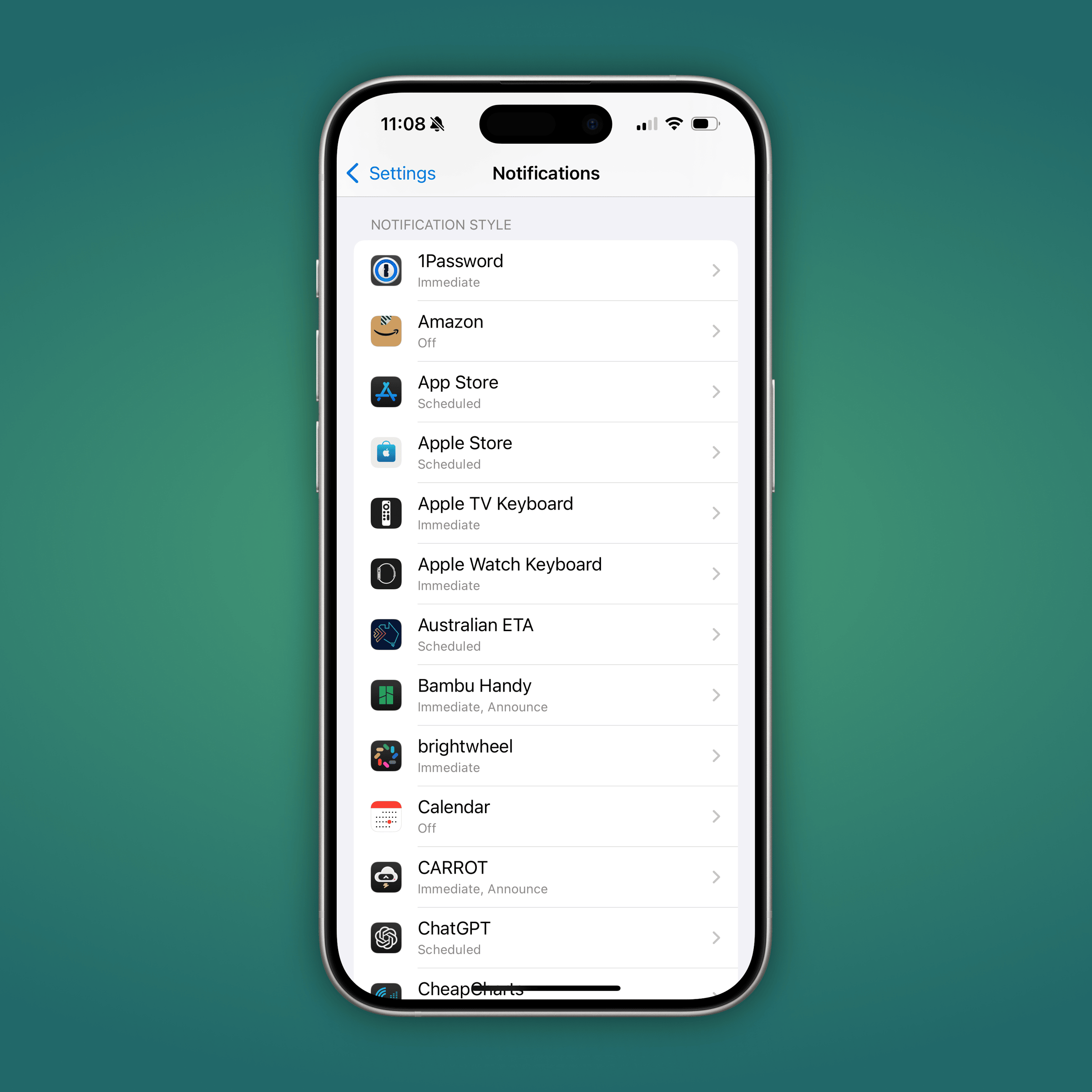 green gradient background with an iPhone notification list in the center.