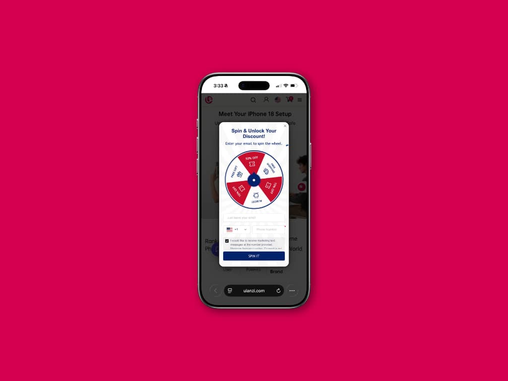 Thumbnail of Ulanzi's original spin-the-wheel popup shown on a mobile phone mockup.