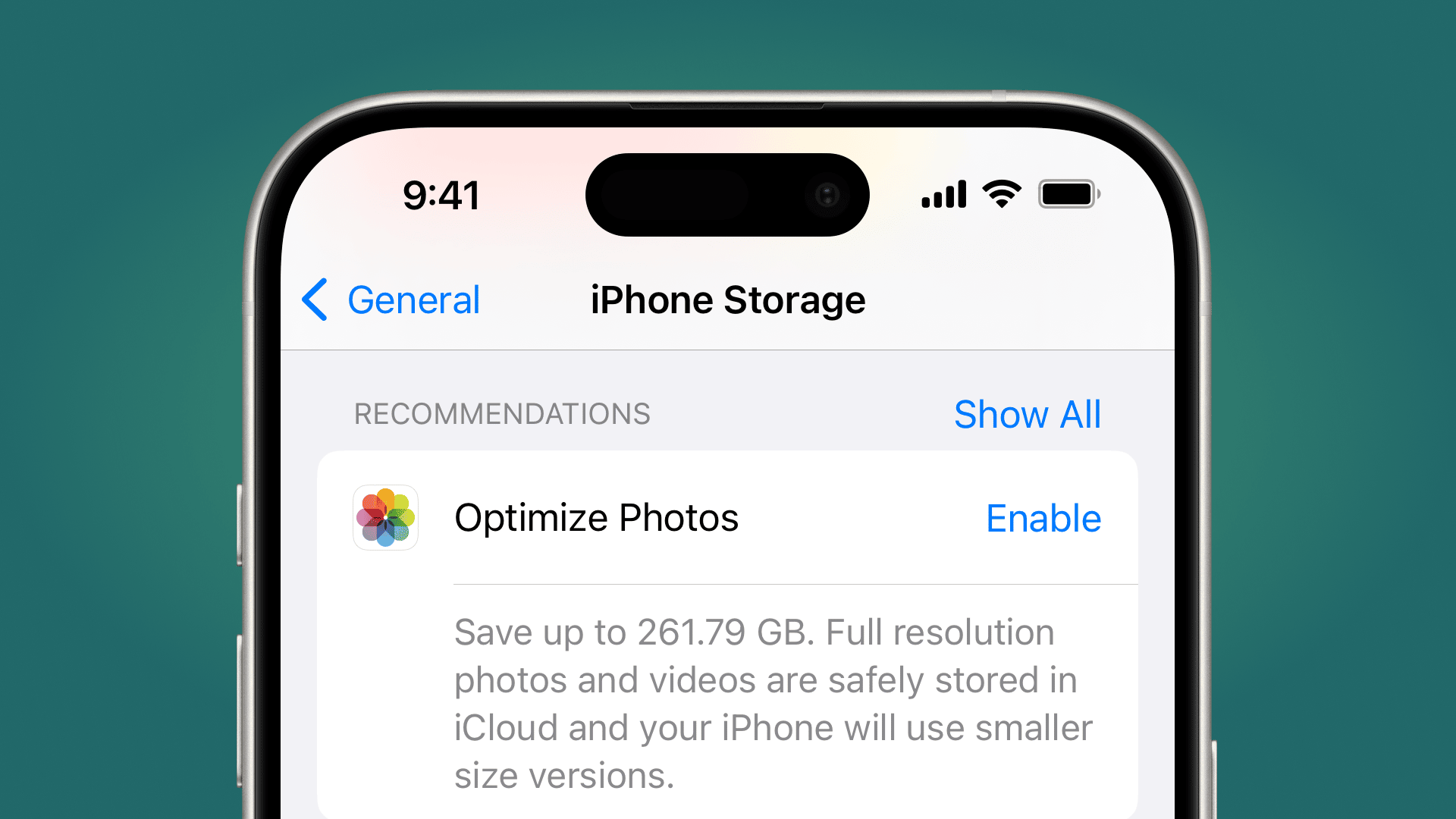 green gradient background with a screenshot of an iPhone's storag in the optimize photos option