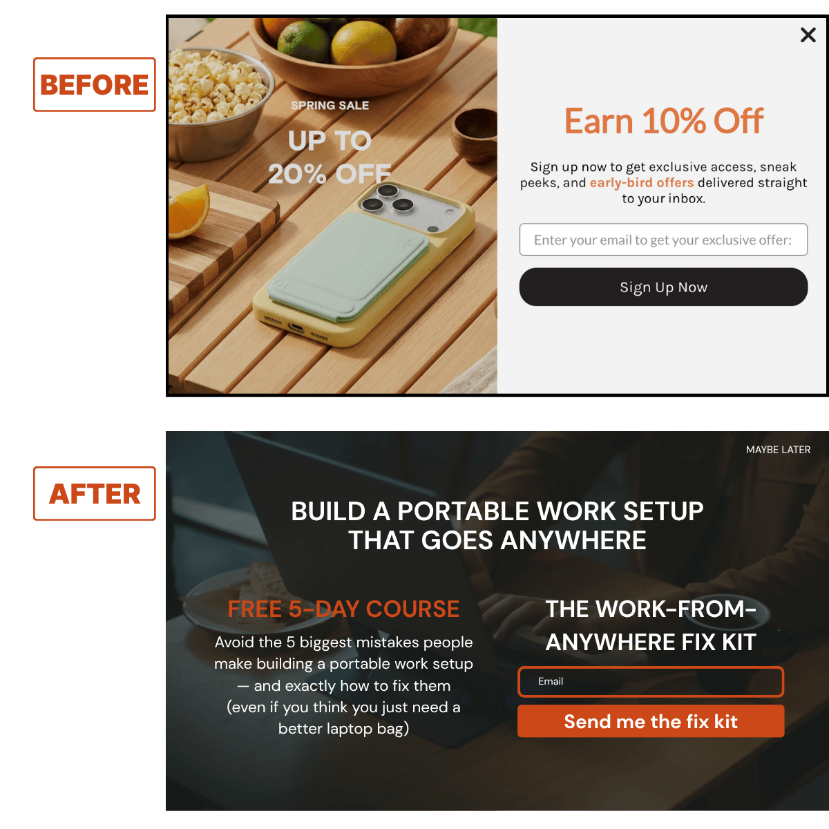 Before and after: MOFT's "Earn 10% Off" discount popup replaced by "Build a Portable Work Setup That Goes Anywhere" educational popup with "Send me the fix kit" CTA
