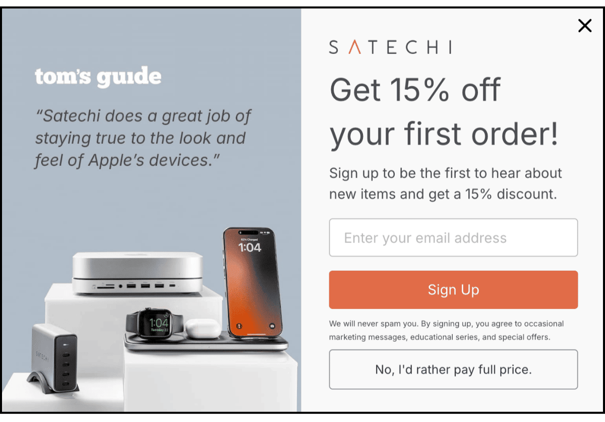 Satechi's original popup with headline "Get 15% off your first order!" and "Sign Up" CTA button