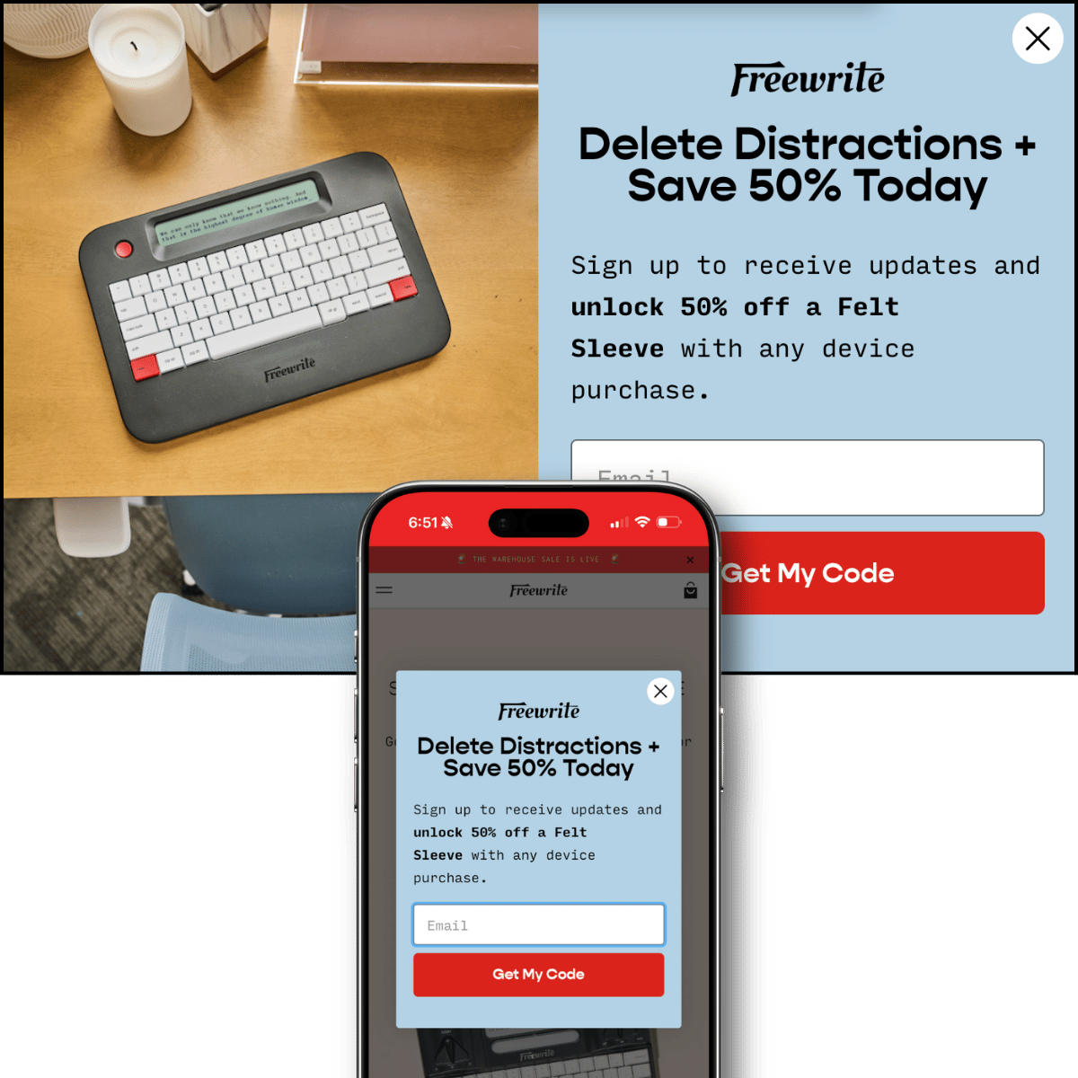 Desktop and mobile versions of discount popup with 50% off headline, email field, and Get My Code CTA.